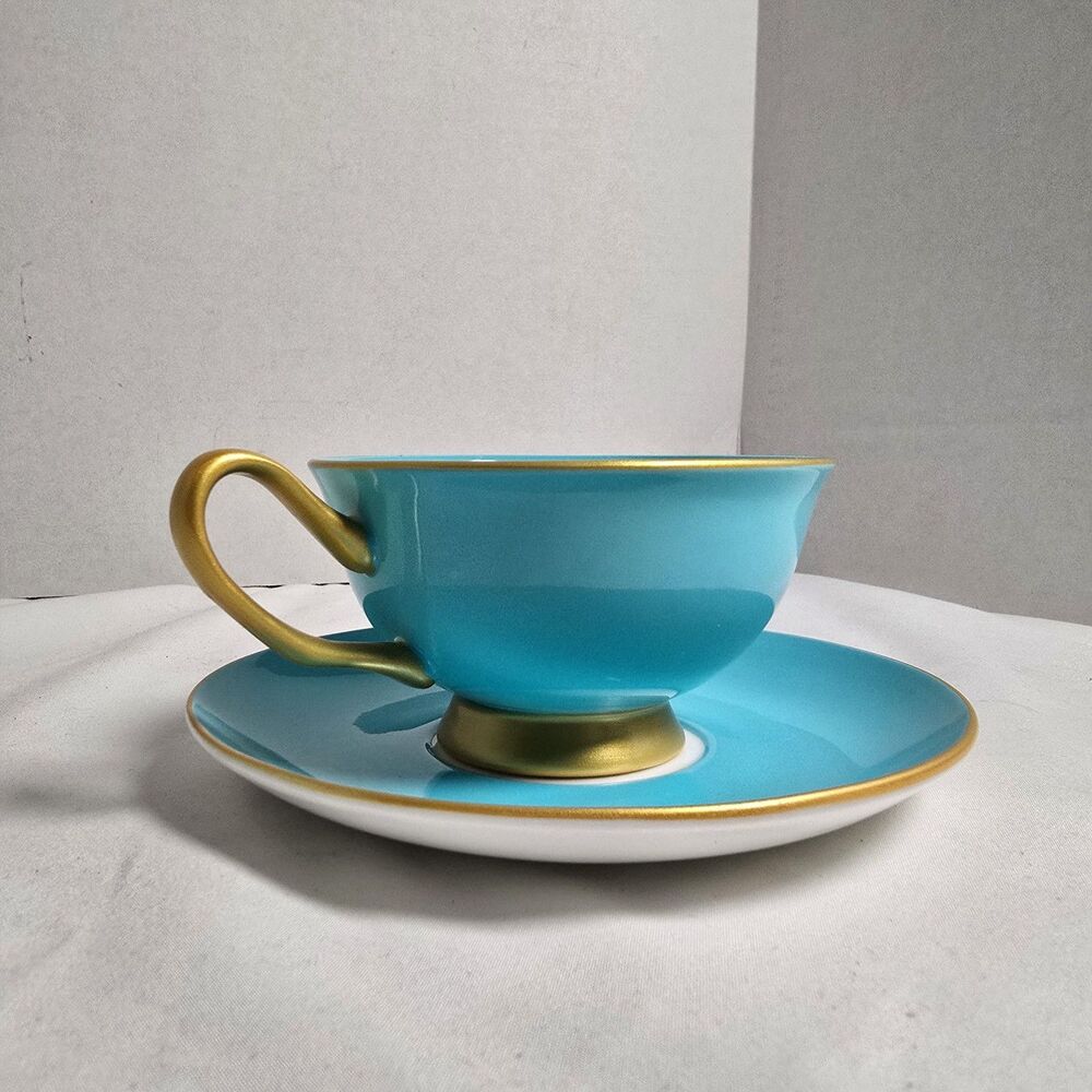 Shelley Gracie Fine Bone China Aqua Blue/Turquoise & Gold Teacup & Saucer + Box - Picture 3 of 16
